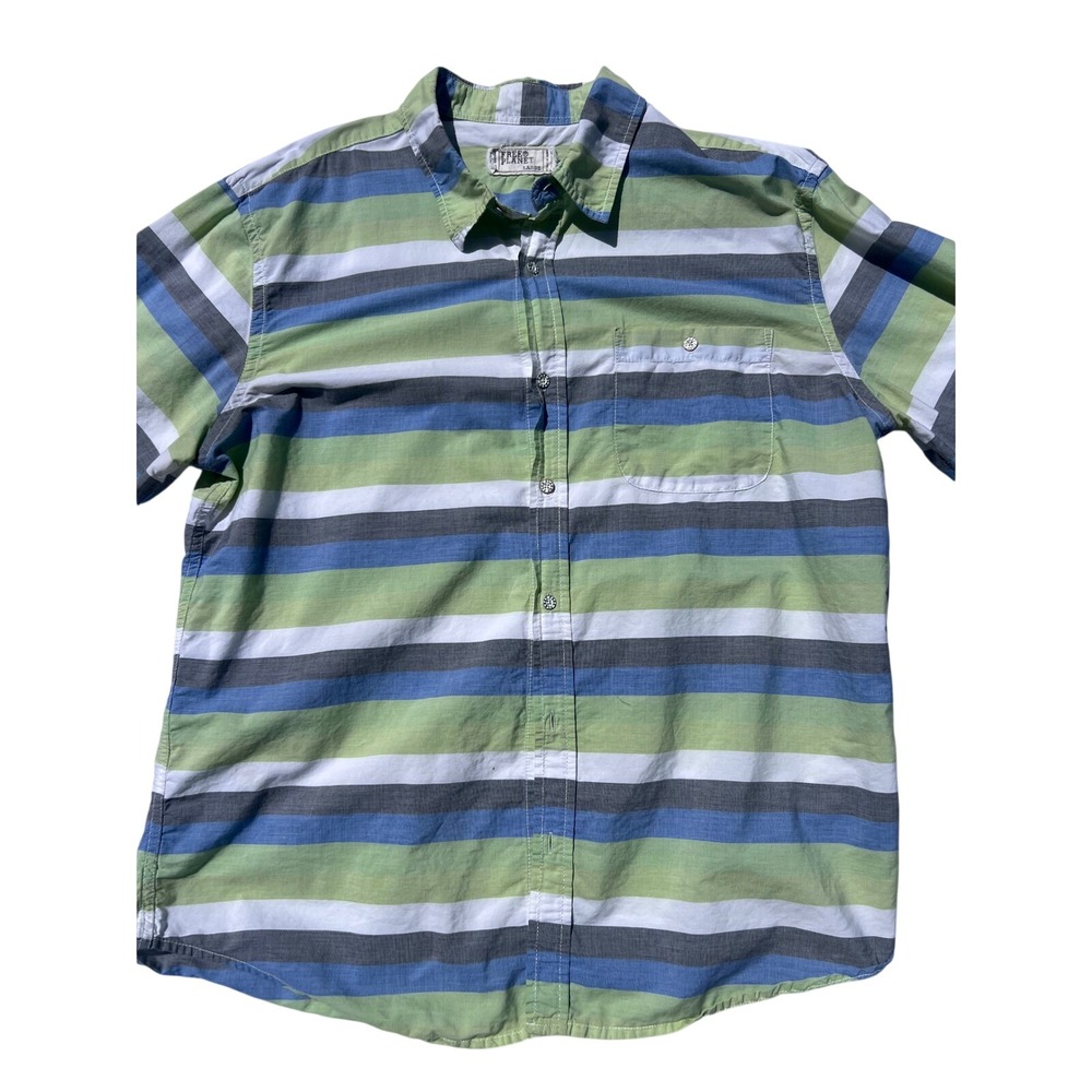 Free Planet Mens Large Striped Button Down Shirt Green Blue Long Sleeve Woven